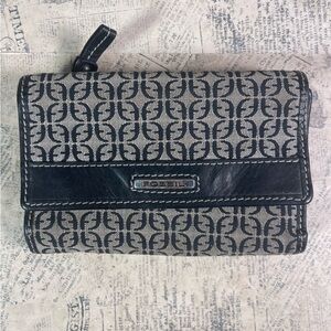 Fossil Vintage Canvas Monogram Brown Leather Trifold Wallet Organizer